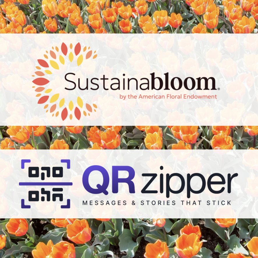 Sustainabloom and QR Zipper logos against a floral background.